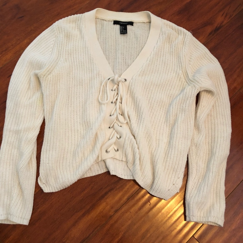 cropped tie up white sweater